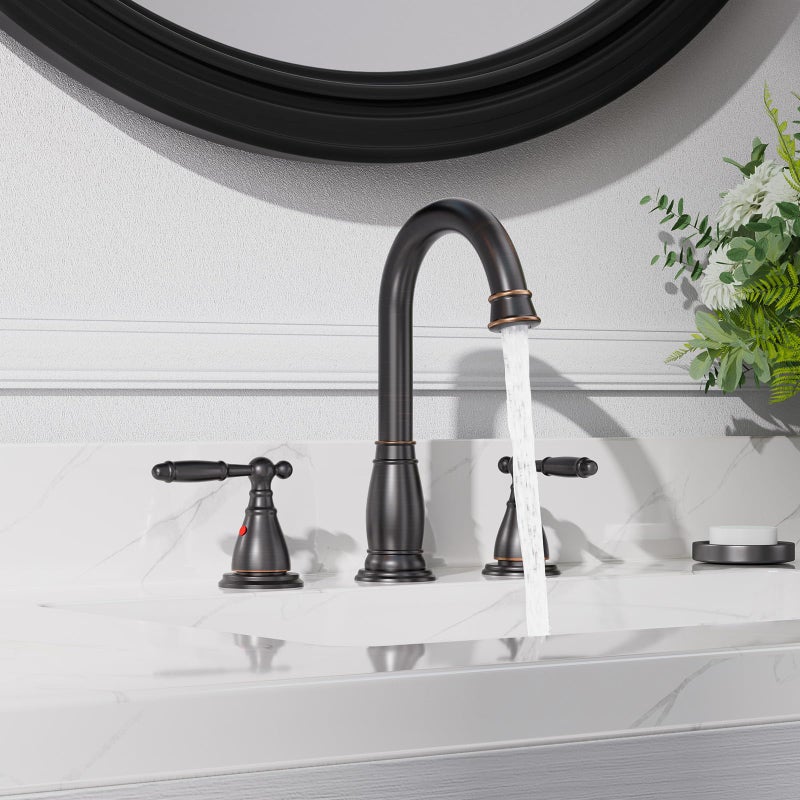 Phiestina 2-Handle 8 Inch 3 Hole Oil Rubbed Bronze Widespread Bathroom Faucets, with Valve and Metal Pop-Up Drain, WF017-4-ORB - Image 5